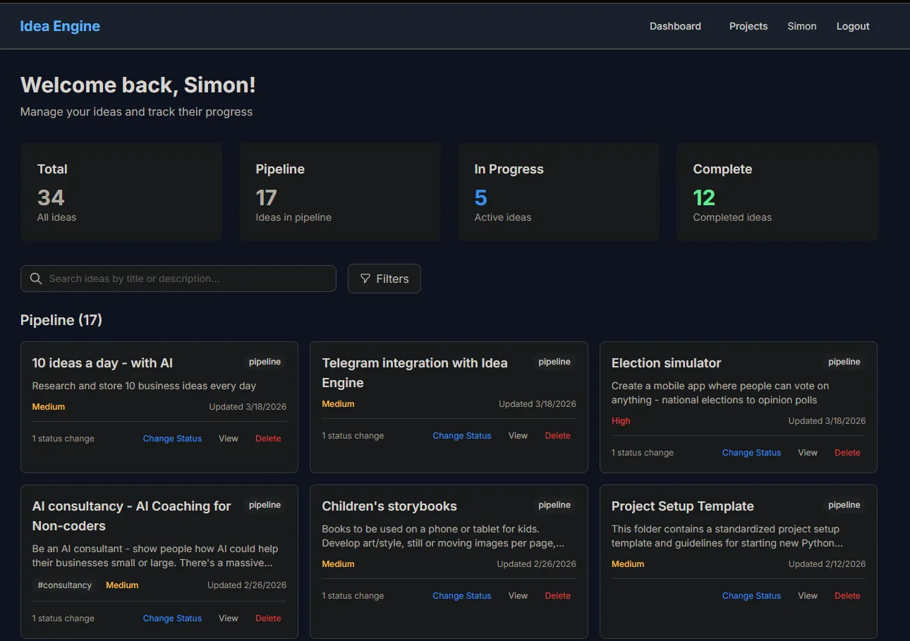Interface do Idea Engine para capturar ideias e executar pesquisa assistida por IA com integração a repositórios