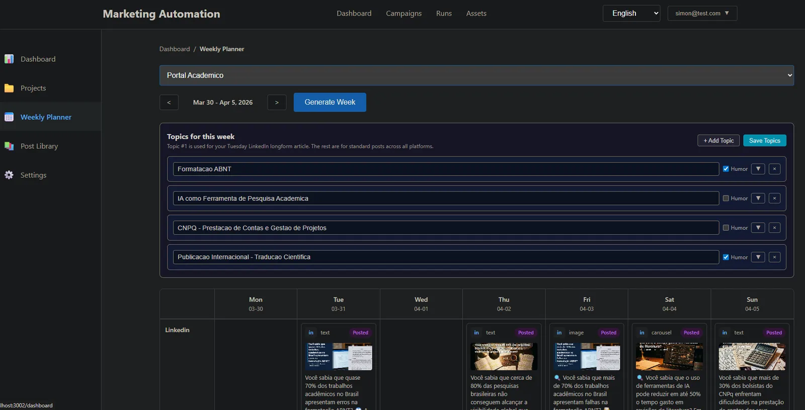 Painel de planejamento de posts do Marketing Automation com geração de conteúdo e agendamento
