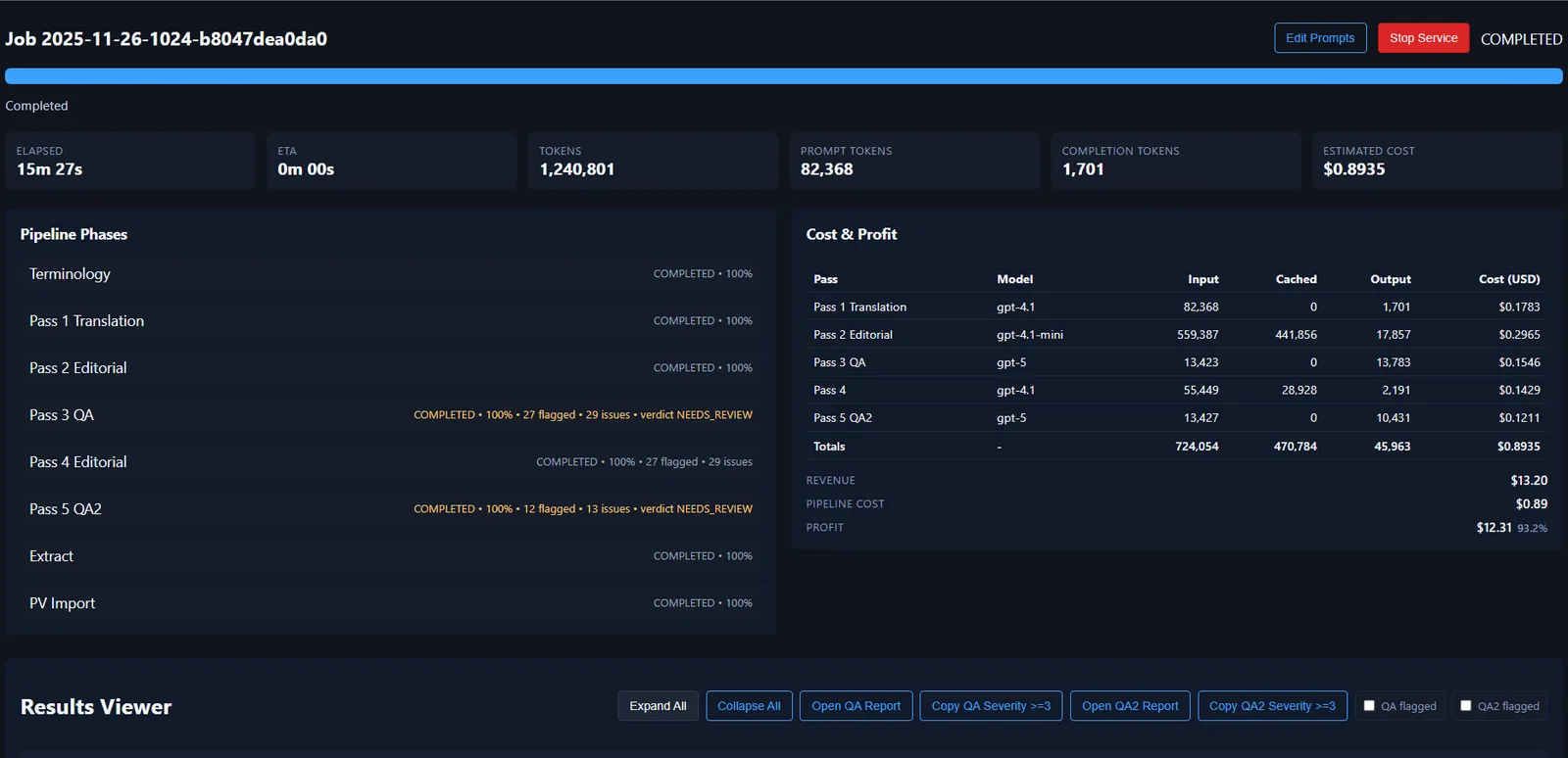 Interface do Mt-service mostrando o pipeline de tradução multi-passe com segmentos e QA